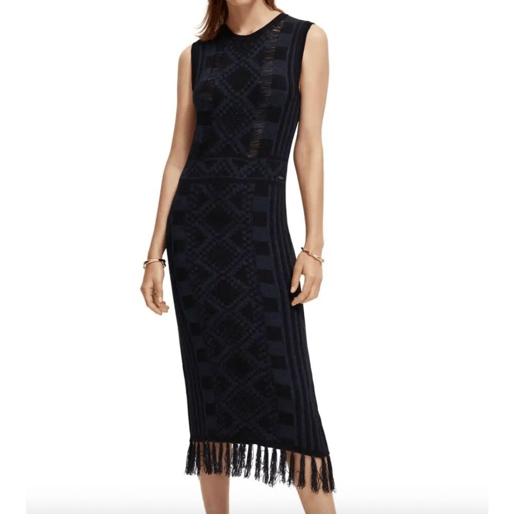 Scotch & Soda Womens Black Blue Sleeveless Knit Fringe Hem Midi Dress Medium NWT